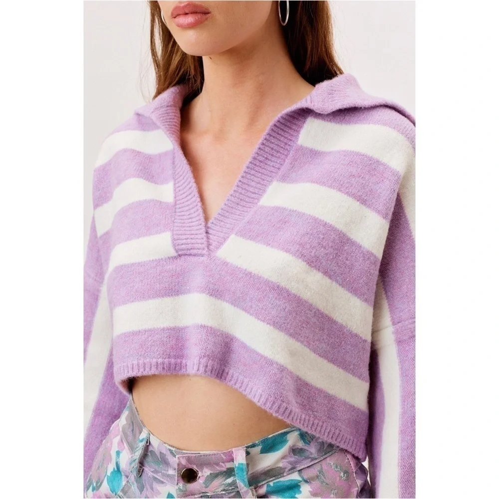 NWT LOVE LEMONS 90s Lavender Stripe V-Neck Oversized Soft Knit Cropped Sweater L